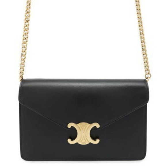 Celine Triomphe Chain Wallet Shiny Calfskin Leather Black - Picture 1 of 8